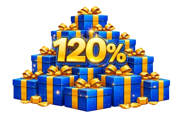풍성한 선물 꾸러미와 +120% 혜택이 표시된 1xBet 신규 가입 웰컴 보너스 이미지