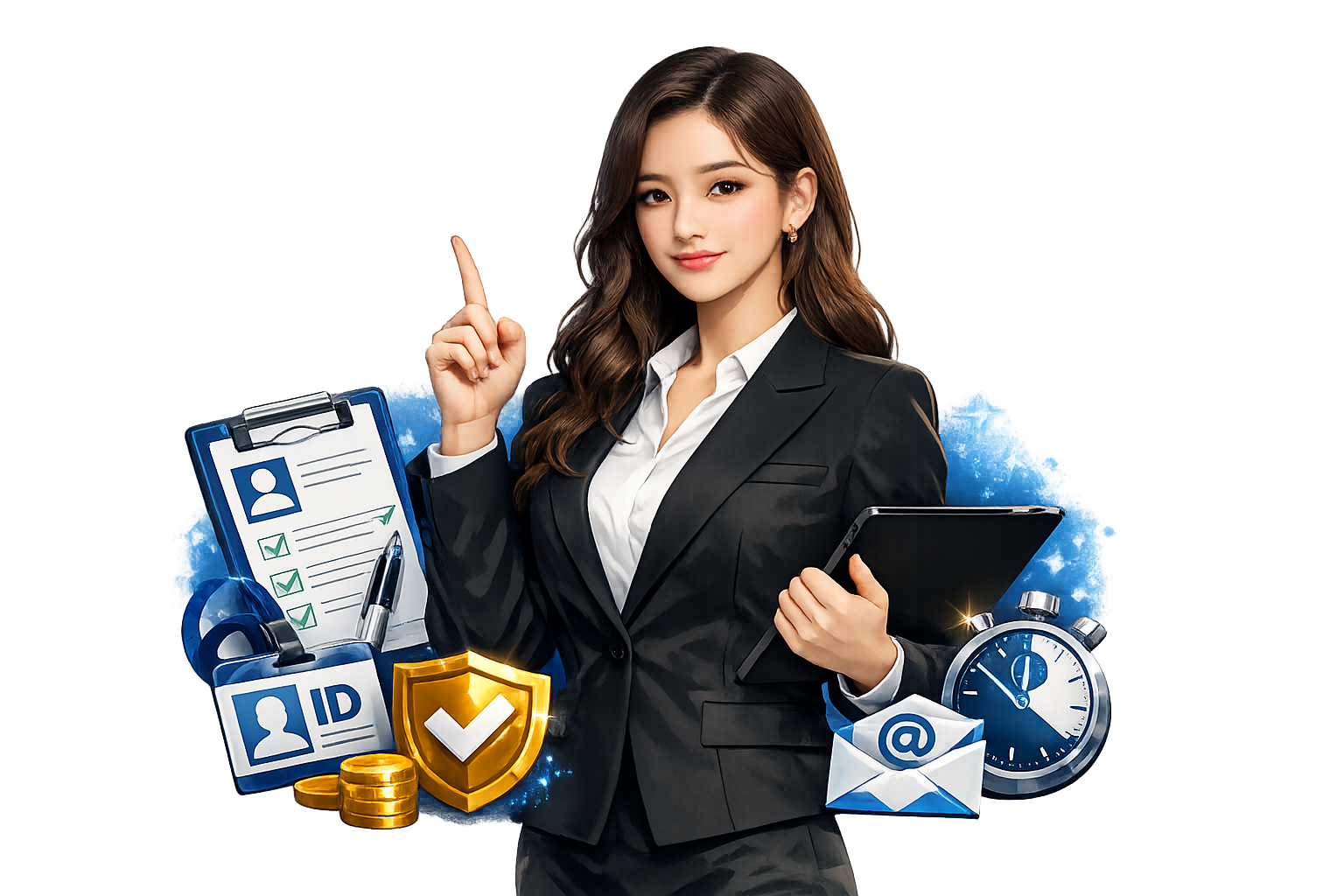 1xBet 한국 회원가입 양식을 들고 있는 여성 모델과 프로필 등록 아이콘 이미지